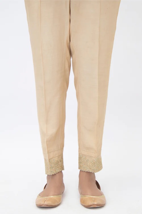 Embroidered Raw Silk Cigarette Pants - Gold
